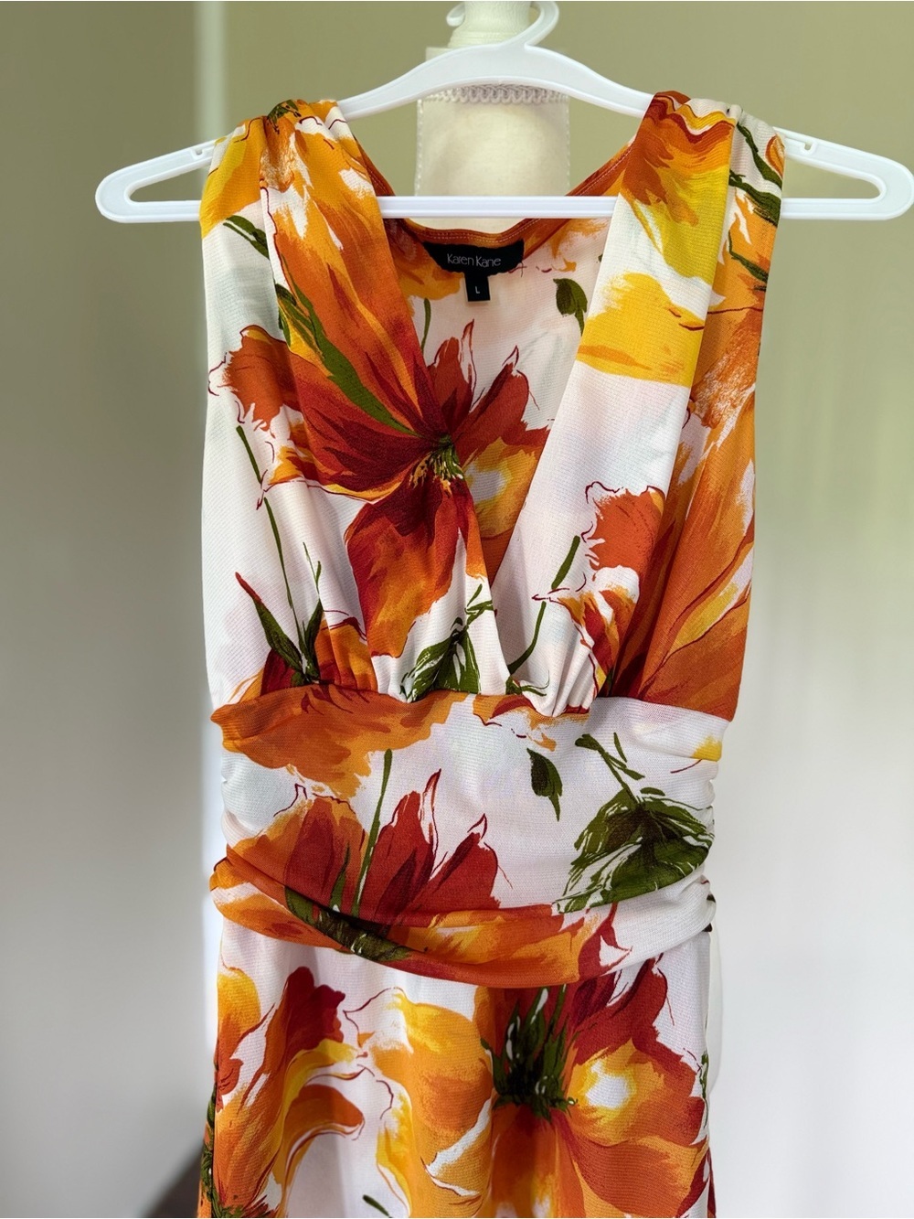 Karen Kane Floral Orange Sleeveless Blouse Tank Top Draped Waist Fairycore Work - Picture 4 of 6